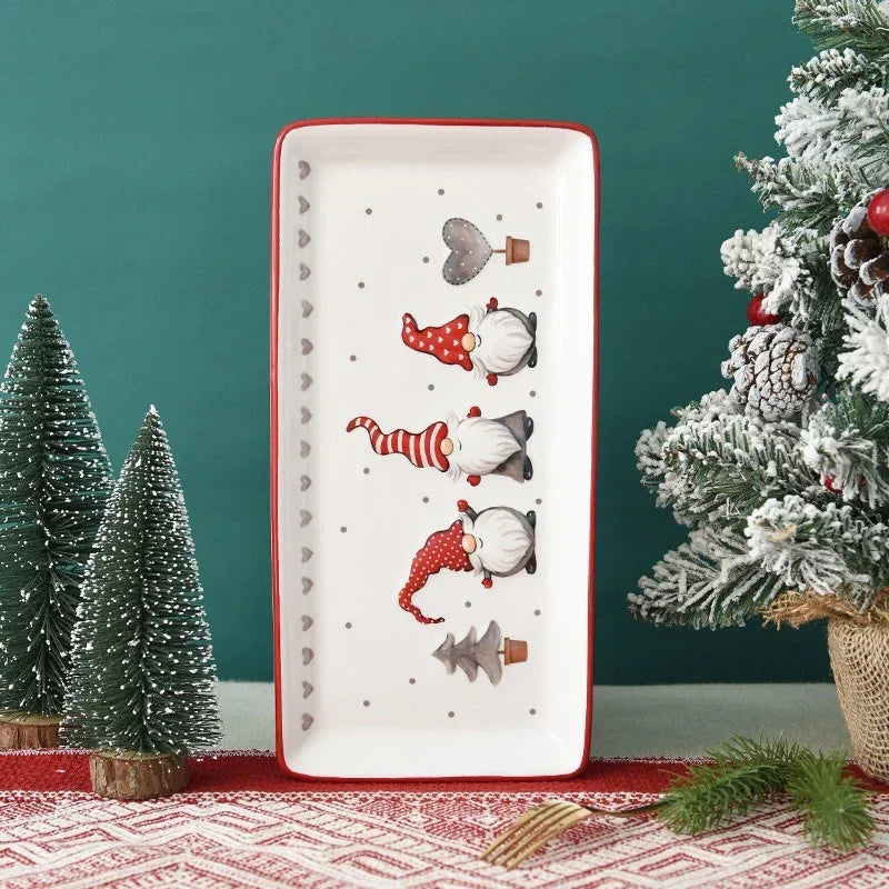 Rectangular Ceramic Dinner Plate Christmas Plate Santa Claus Pattern Afternoon Tea Dessert Tray Kitchen Steak Plate Tableware 