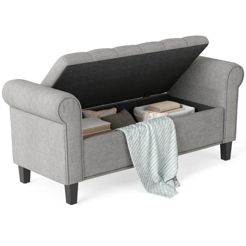 50 Inches Storage Ottoman, Upholstered Bedroom Bench with Rolled Arms and Button Tufted Storage, Light Grey