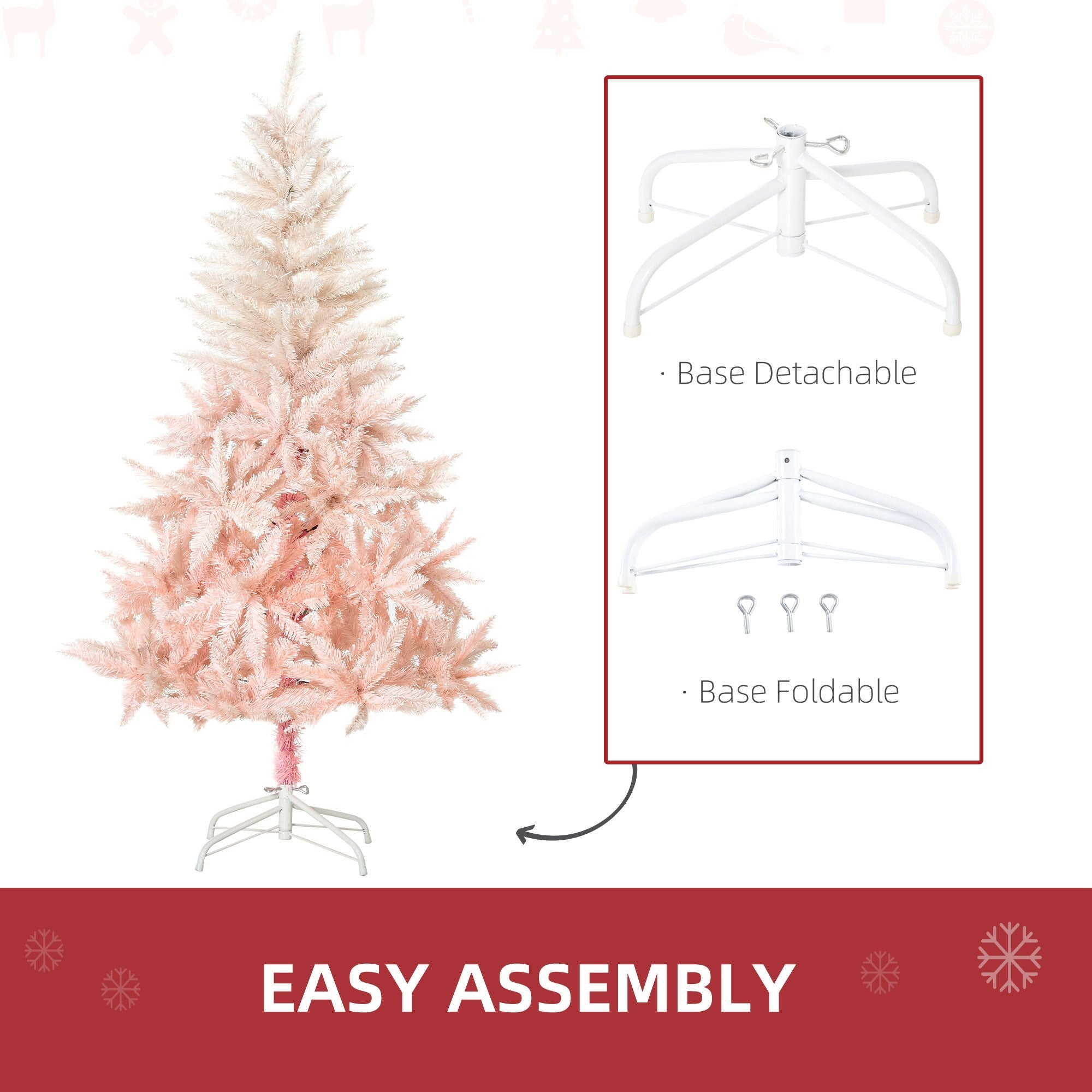 HOMCOM 7ft Festive Artificial Christmas Tree in White and Pink with Metal Stand, Quick Setup for Holiday Decor 