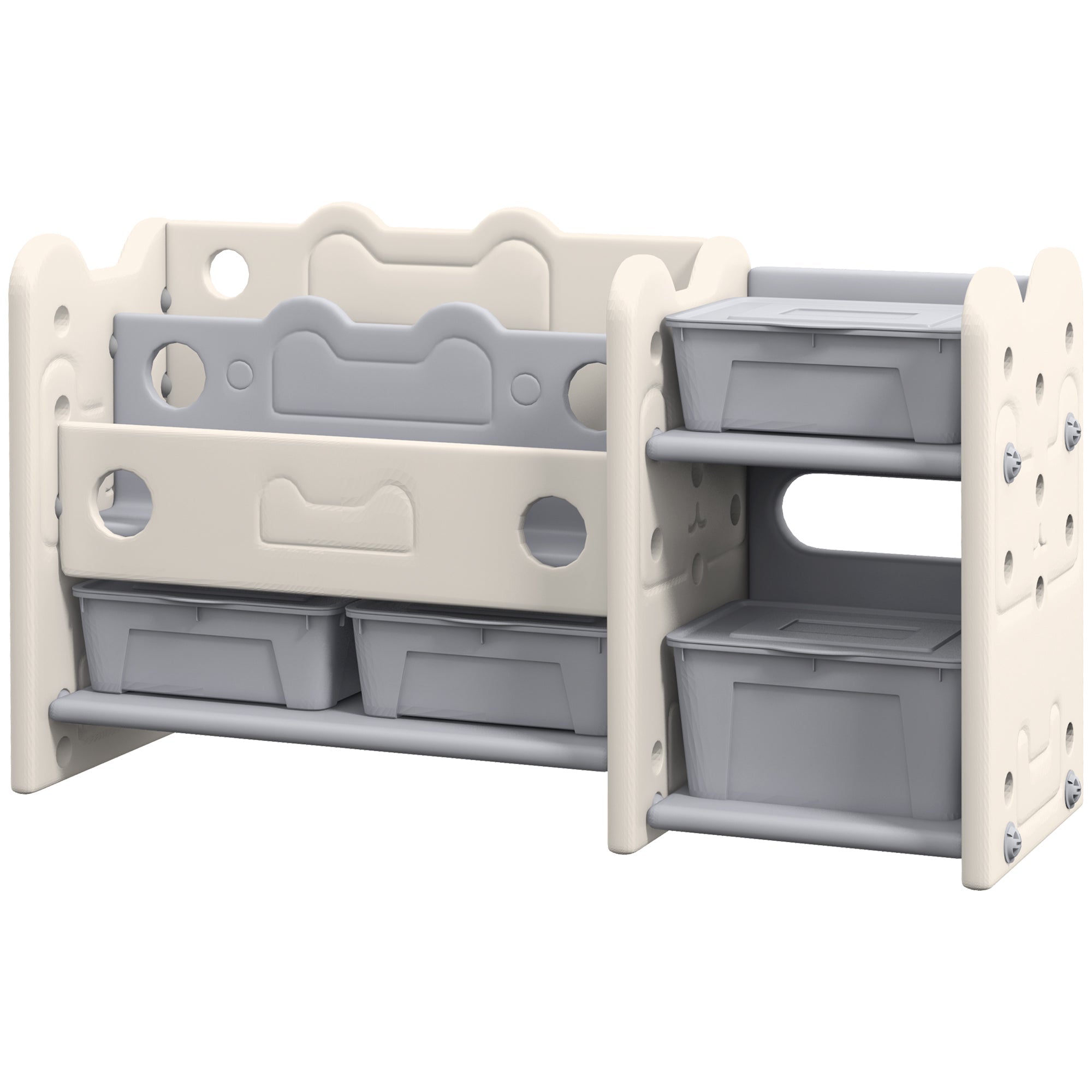 Qaba Toy Storage Organizer with 4 Storage Boxes, Bookshelves, for Nursery, Kids Room, Playroom, Cream White 