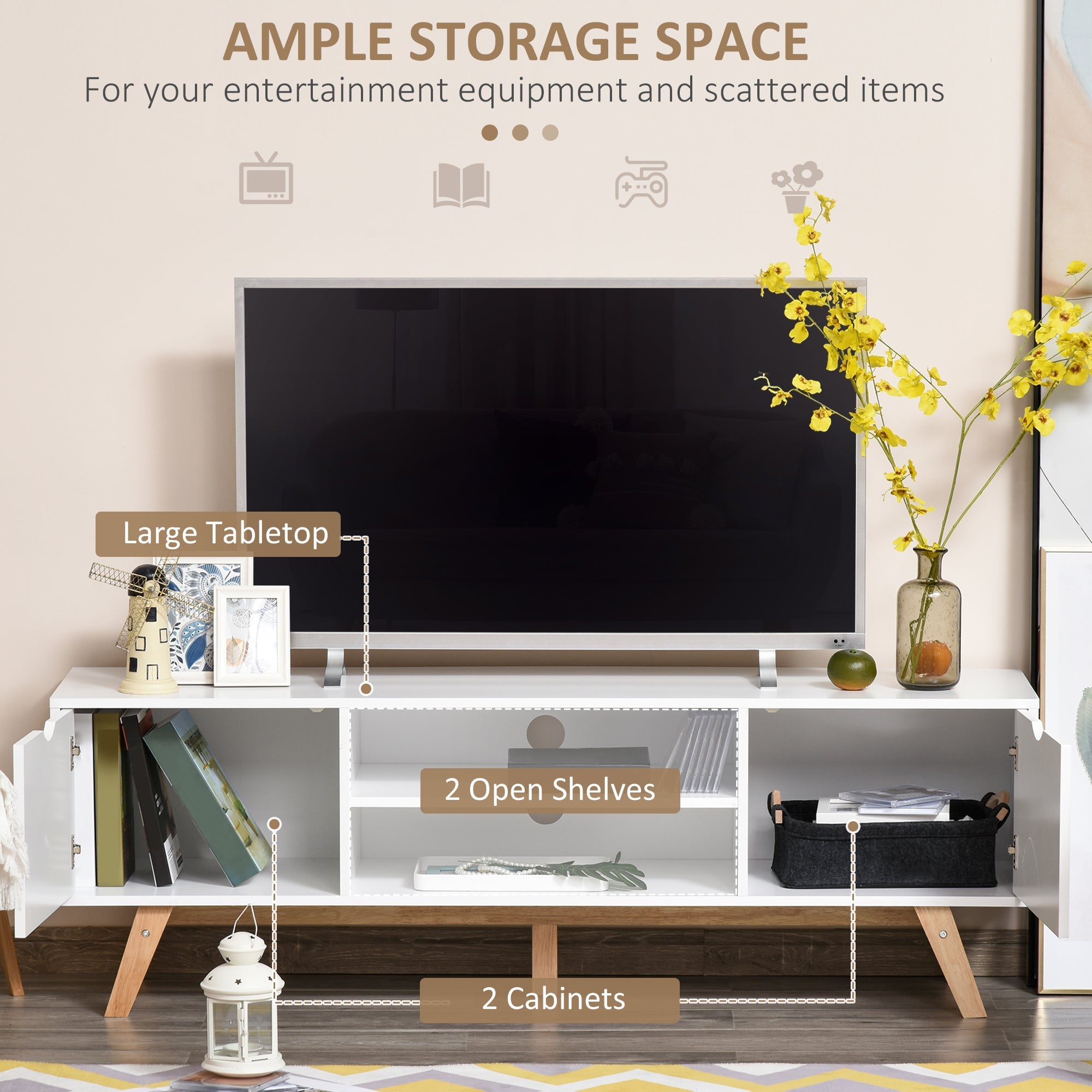 HOMCOM Modern Wooden TV Stand with 2 Storage Cabinet Stand for TV's up to 65" for Living Room Office, Storage Entertainment Center 