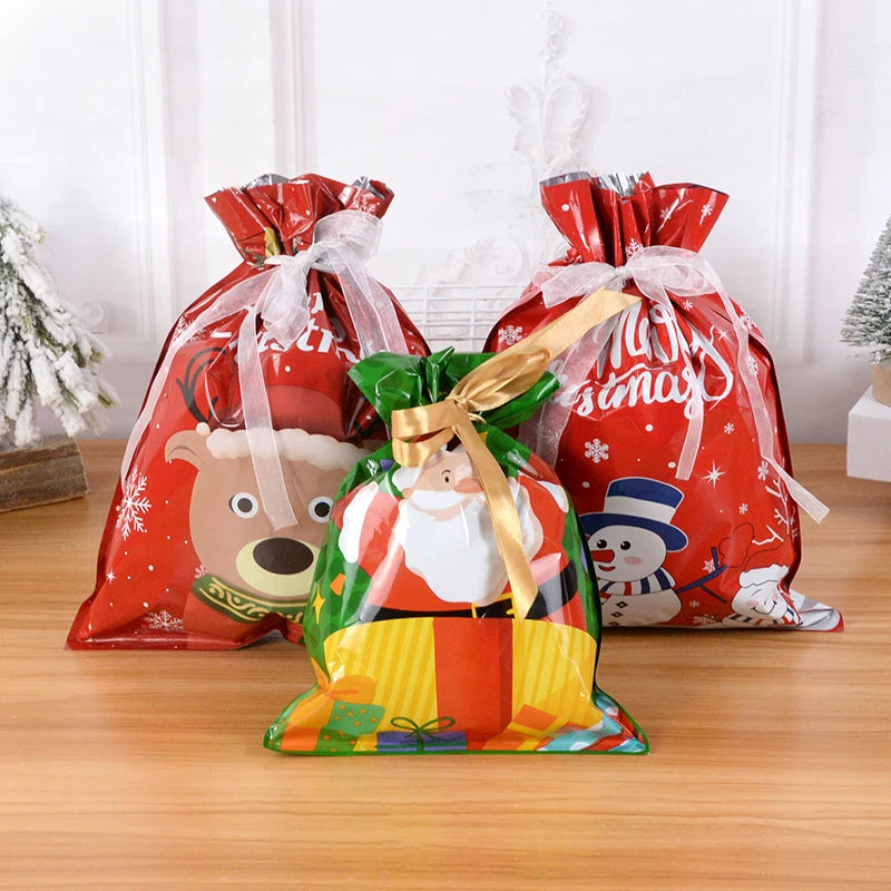 5PCS Christmas Candy Gift Bag Plastic Drawstrings Presents Wrapping Bag Xmas Tree Ornament Christmas Decoration New Year 2023