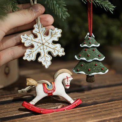 Christmas Elements Hanging Ornaments Resin Snowflake Wooden Horse Snowman Santa Claus Pendant Home Xmas Tree Decorations Gifts 
