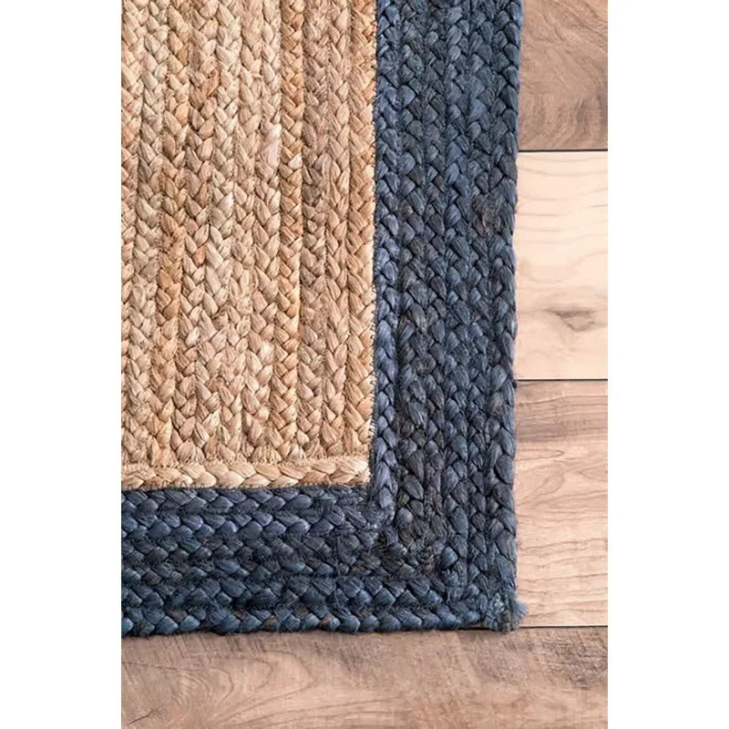 Area Rug Natural Jute Handmade Braided Carpet with Blue Strip Modern Runner Rug 