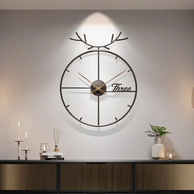 Minimalist Iron Antlers Wall Clock - Round Modern Art Timepiece for Home, Dining, Living Room, Simple Quiet Luxury 