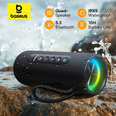 Baseus AeQur VO20 Portable Wireless Speaker – Bluetooth 5.3, IPX5 Waterproof, Bass Subwoofer Sound Box for Outdoor Camping 