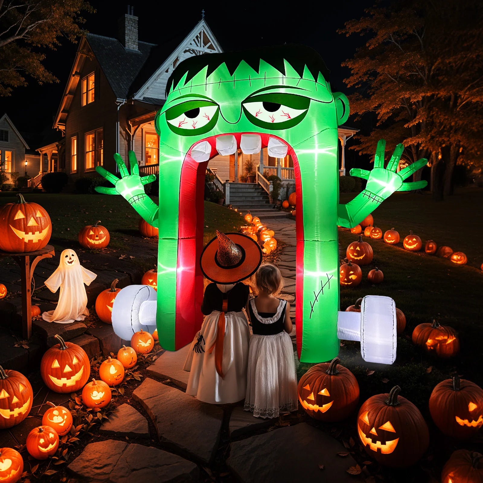 OurWarm 10FT LED Inflatable Decoration with Blower Spooky Explosion, Green Frankenstein Arch for Adding Halloween Atmosphere