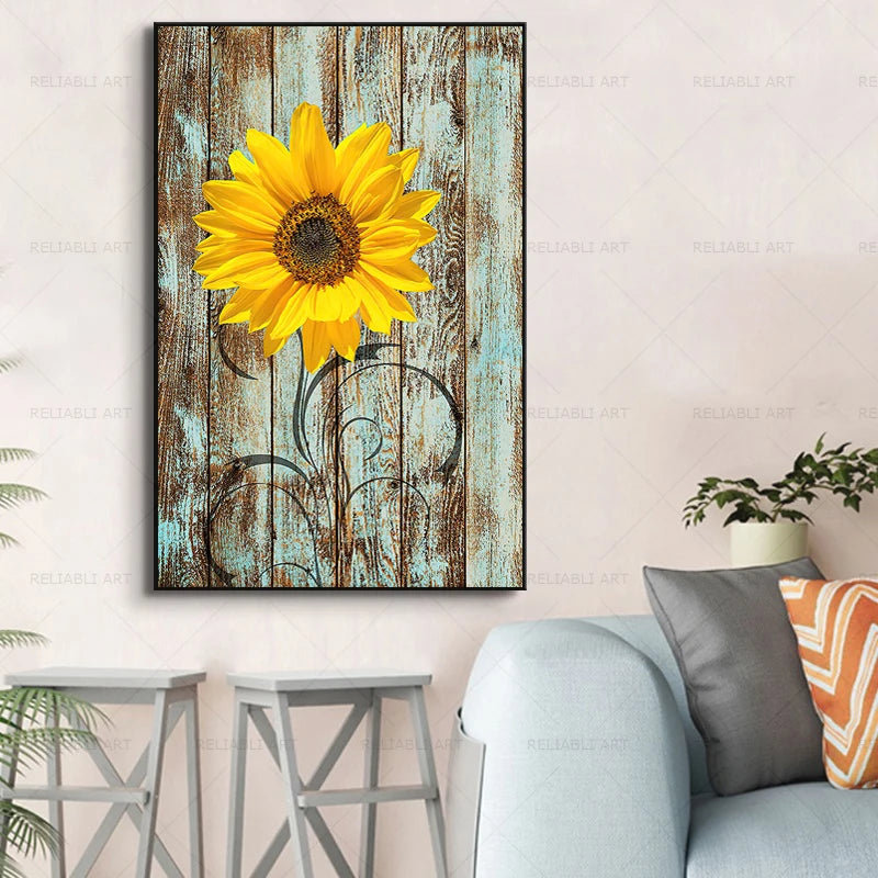 Sunflower on Wood Board Canvas Print - Modern Wall Art for Living Room Decoration (No Frame)