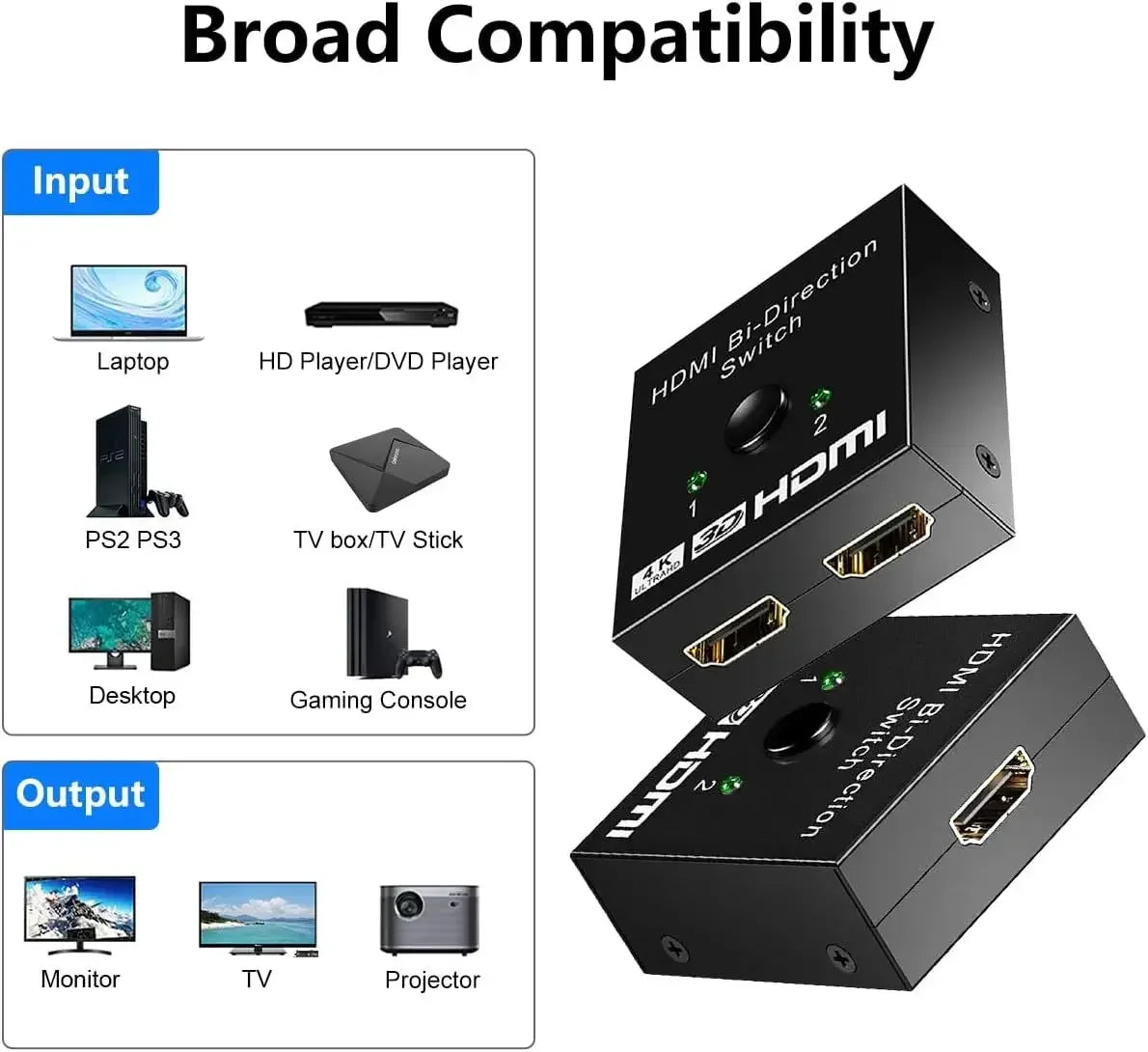 HDM Bi-Directional Interconversion I Switcher Two-in-One-Out HD Video 1-in-2-Out Smart HDMI Switcher Supports 4K TV Converter