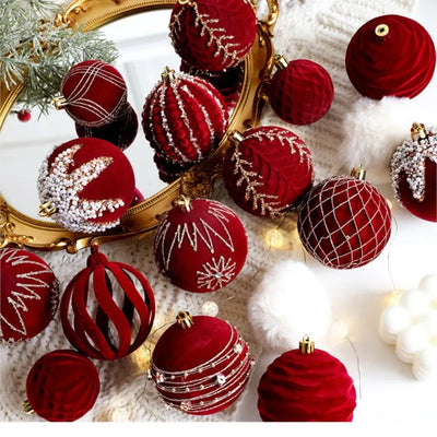 8cm Christmas Burgundy Velvet Balls Flocked Christmas Hanging Ornaments Wine Red Balls Wedding Anniversary Party Xmas Tree Decor 