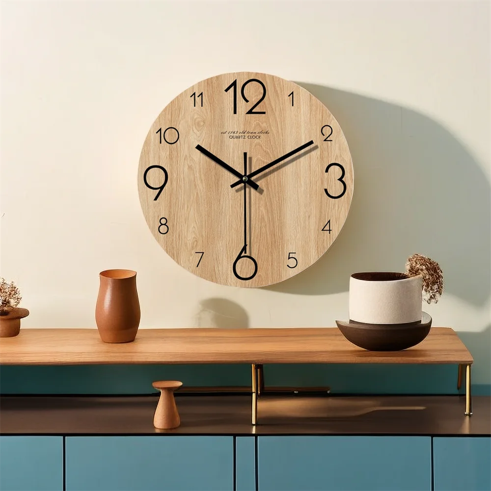 Vintage Wood Grain Wall Clock Dial Simple Living Room Silent Clock Creative  Large Number Wall Hanging Watch Home Decoration