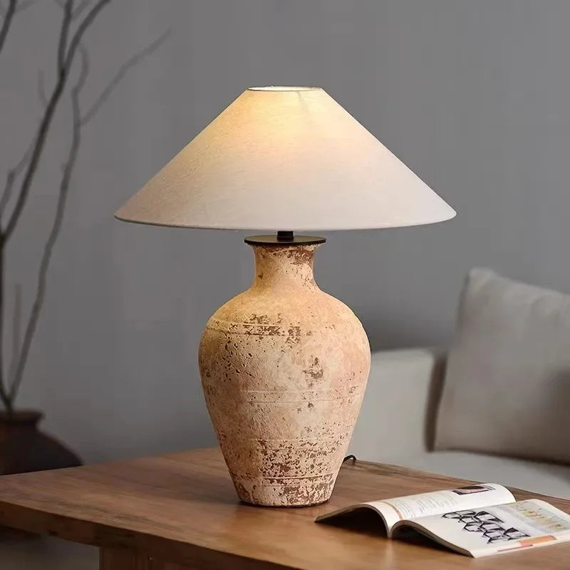 Noguchi Yong Ceramic LED Table Lamp - Retro Linen Lampshade, Creative Japanese Zen Style for Tea Room, Bedroom, and Desk Decoration