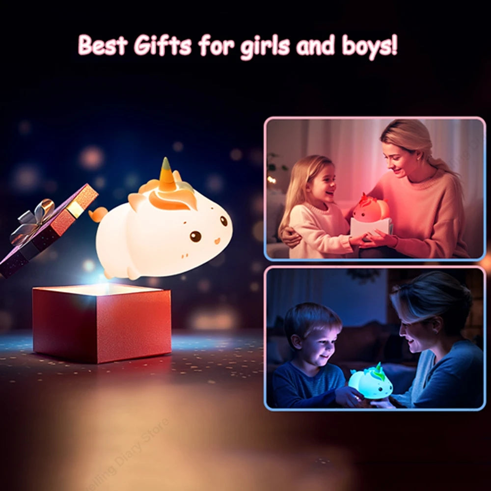 LED Cartoon Unicorn Night Light - Cute Silicone USB Rechargeable Lamp, Children's Room Decor, Perfect Gift for Kids and Babies