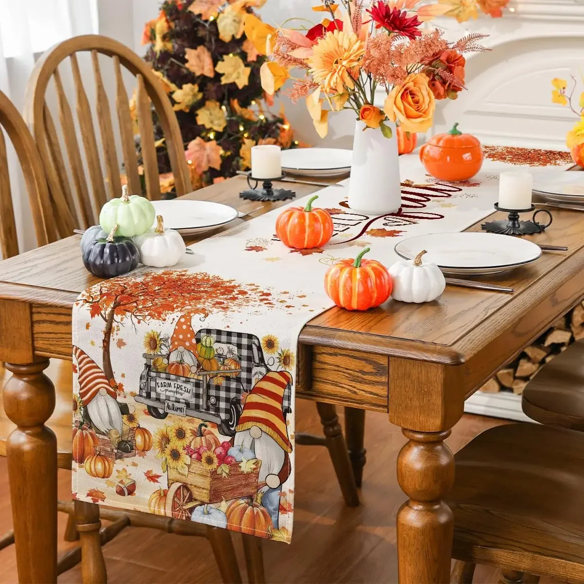 Fall Thanksgiving Truck Gnome Leaves Linen Table Runners Kitchen Table Decor Farmhouse Dining Table Runners Holiday Decorations