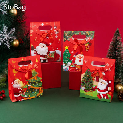 StoBag 5pcs New Christmas Paper Red Bag With Ribbon Candy Gift Bags  Wrapping Chocolate Desserts Snack Spring Festival Suppily 