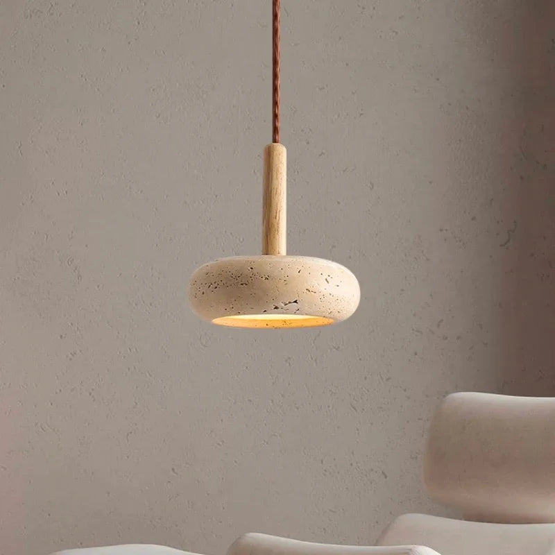 Japanese Style Stone Pendant Light - Travertine Suspension Ceiling Hanging Lamp for Kitchen Island & Living Room 