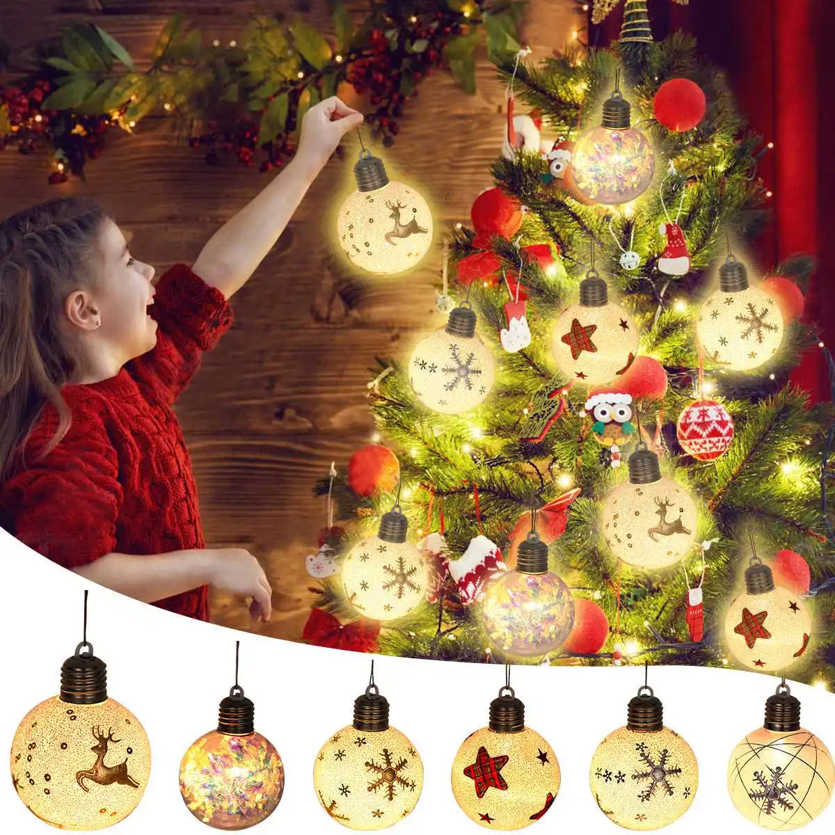 2023 LED Christmas Ball Lights Snowflake Elk Pattern Xmas Tree Hanging Pendant Ornaments Christmas Decorations for Home New Year