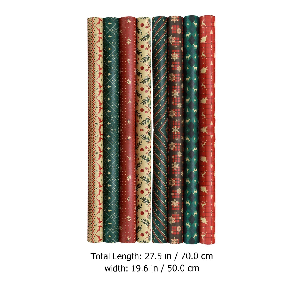 8Pcs Christmas Wrapping Paper DIY Craft Supplies Stripe Gift Yellow Kraft Xmas Present Wrapping Home Festive Party Decoration 