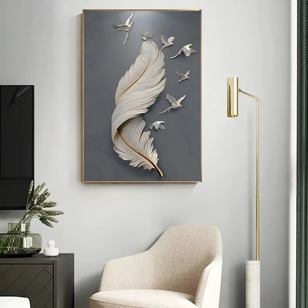 3D Effect Feather Pigeon Canvas Painting – Modern Wall Art Poster, Abstract Minimal Picture, for Living Room Home Decor 