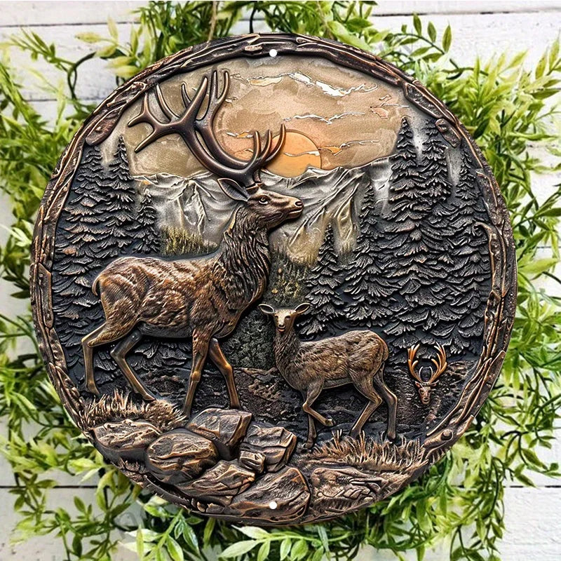 Rustic Bronze Elk Statue, Round Aluminum Wall Sign, UV and Scratch Resistant, Easy-Hang, Outdoor and Indoor Decor, 8in, 11.8in