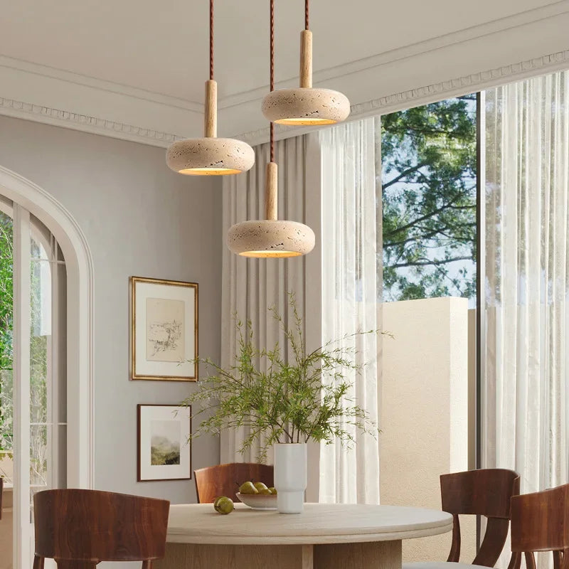 Japanese Style Stone Pendant Light - Travertine Suspension Ceiling Hanging Lamp for Kitchen Island & Living Room 