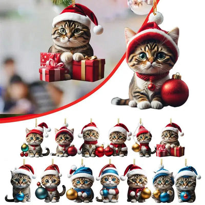 Cartoon Cute Cat Christmas Tree Pendants 2D Acrylic Hanging Ornaments Home Party Christmas Decoration 2023 Navidad New Year Gift 