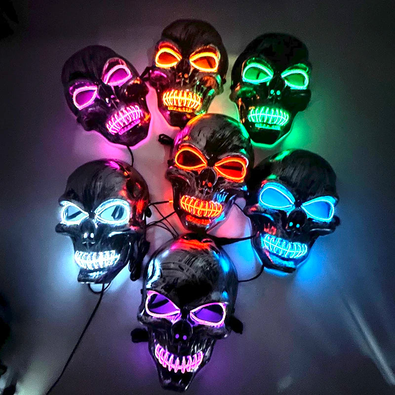 Halloween Neon Luminous Horror Mask Glowing LED Skull Mask Halloween Party Decor Cosplay Supplies Light Up Skeleton Mask Costume