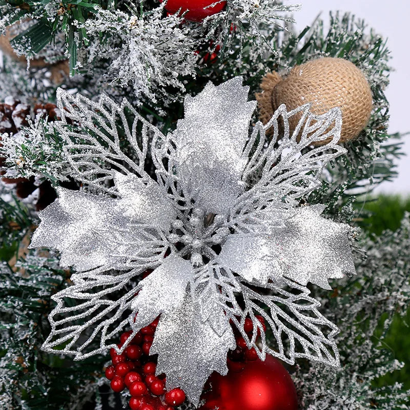 (10pcs) Artificial Christmas Tree Flower Glitter Decorations Xmas Ornaments New Year Gift 