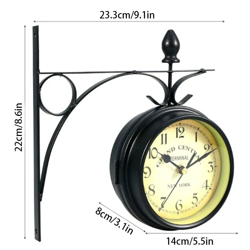 Antique-Look Round Wall Hanging Double-Sided Clock – Retro Station Design, Scroll Wall Mount, Home Decor