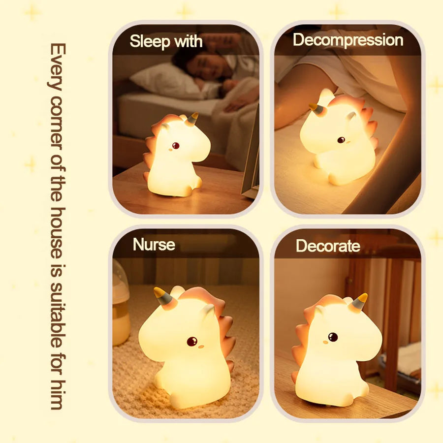 Unicorn Cute Silicone LED Night Light – USB Rechargeable Cartoon Animal Design, Touch Control, Kids Bedroom Decor, Ideal Gift