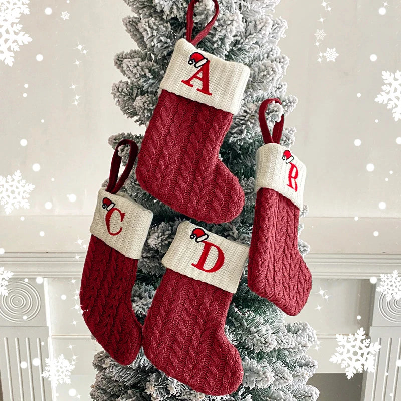 Christmas Stockings Knitting English Letters Christmas Socks Shaped Gifts Ornament New Year Santa Claus Gift Atmosphere Decor