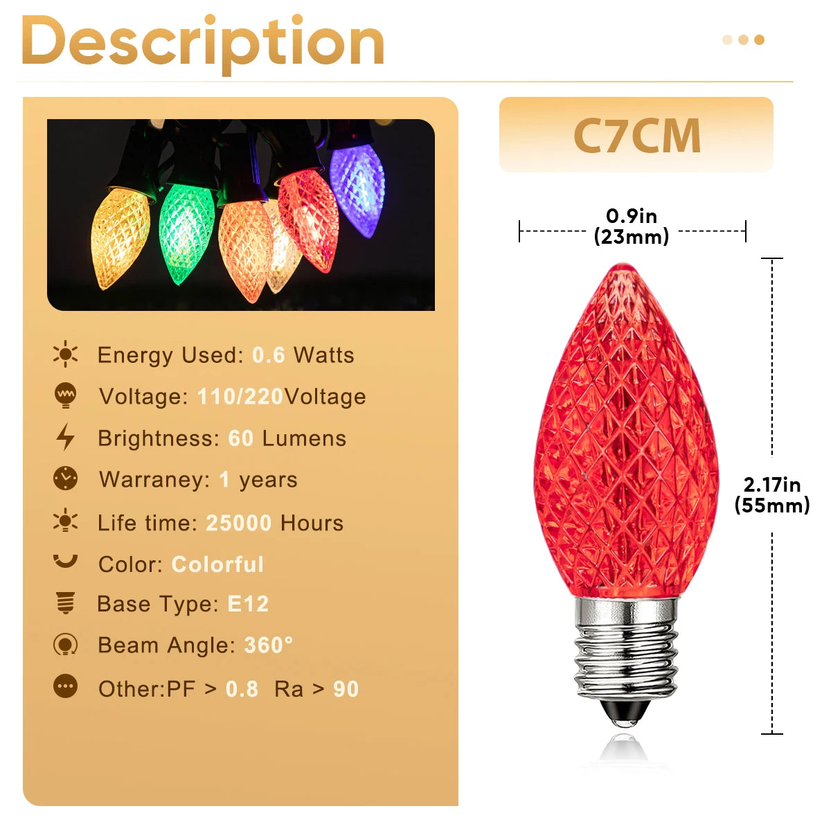 Strawberry C7 Led Lights Bulb 110v 220V 0.6W E12 Street Garland Replaceable Plastic Colorful Christmas New Year Decoration Light