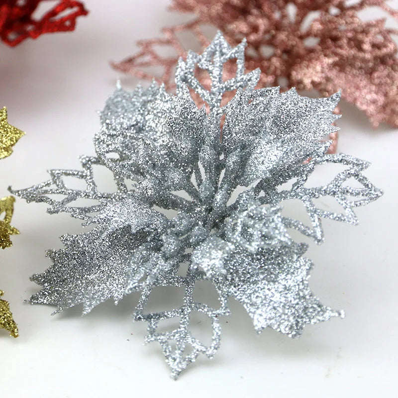 (10pcs) Artificial Christmas Tree Flower Glitter Decorations Xmas Ornaments New Year Gift 