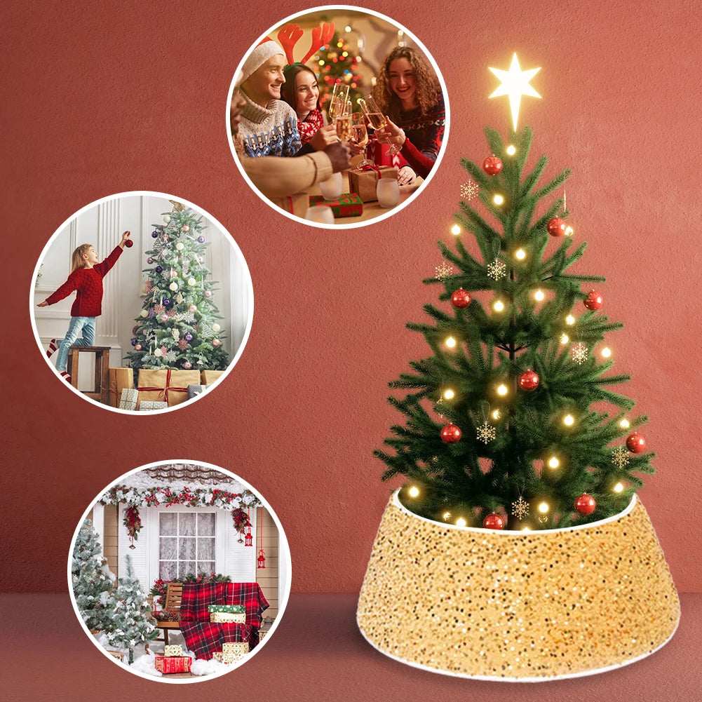 Retro Round Tree Basket Nonwoven Collapsible Christmas Tree Skirt Foldable Tree Surround Base for Christmas Home Party