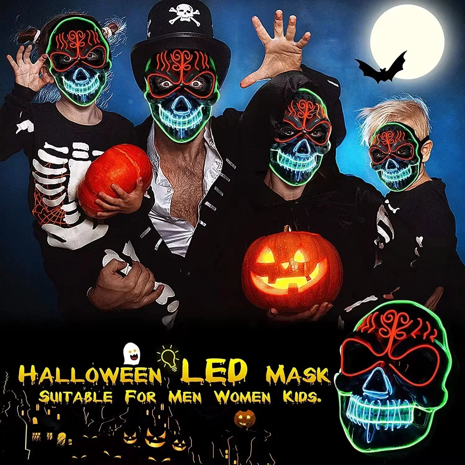 2024 Halloween Horror Skull Head Mask Cosplay Scary Skeleton Disguise Mask Light Up Luminous LED Party Mask Glowing