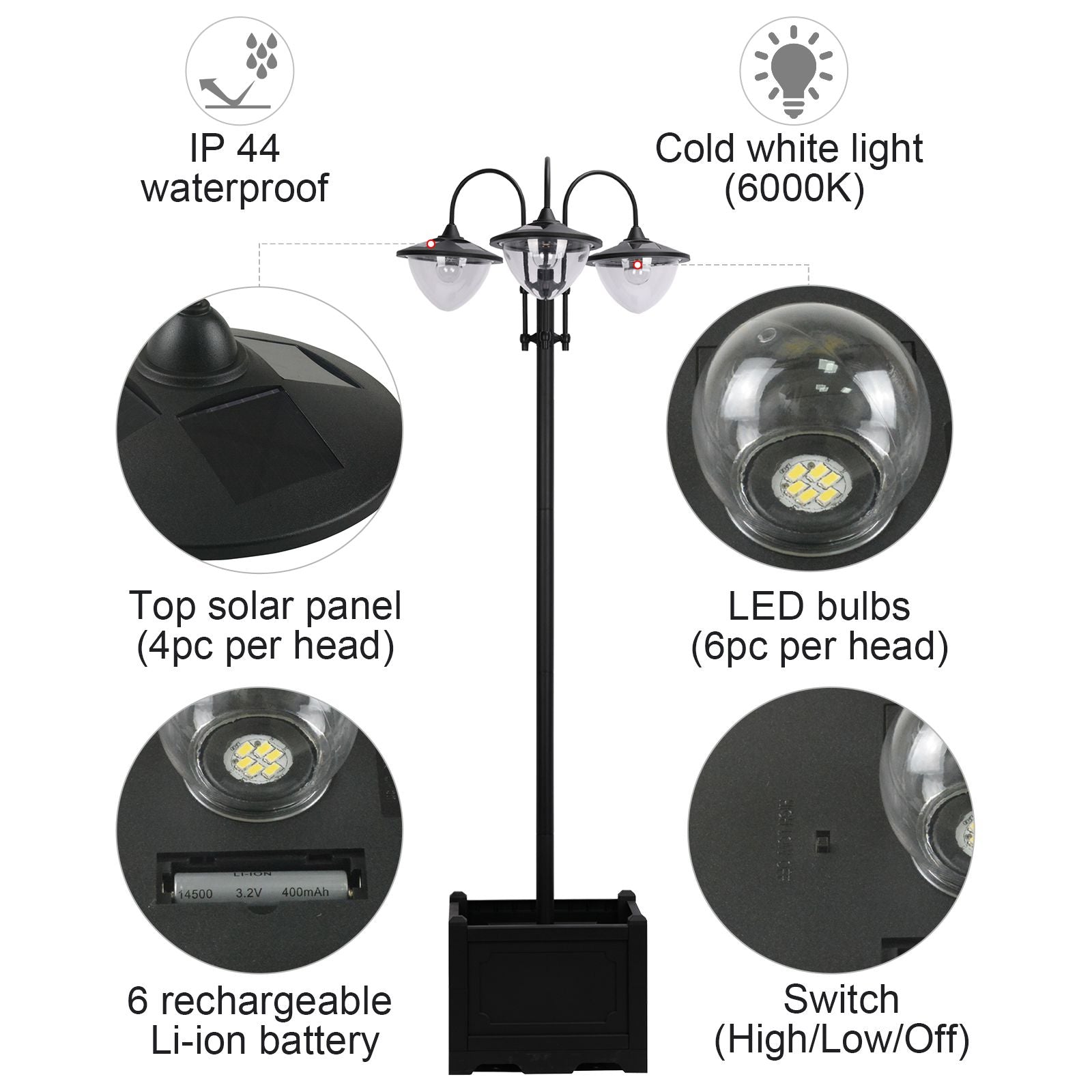 Outsunny Solar Lamp Post, 3-Head LED Garden Light with Built-In Planter & Battery for Garden Decoration, Black 