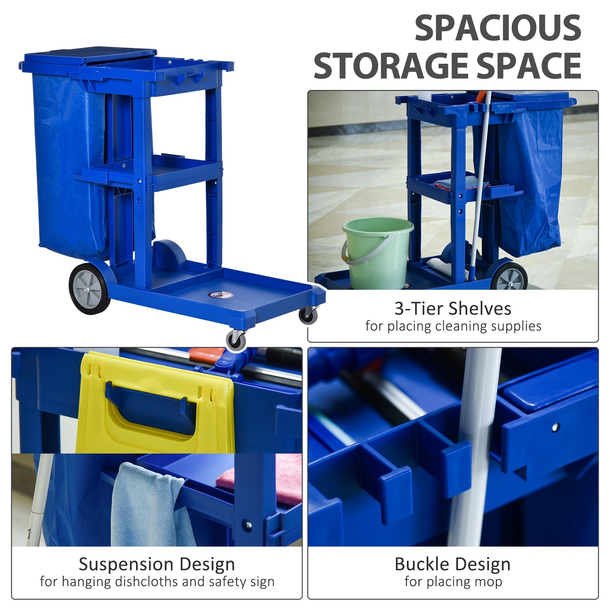 HOMCOM Janitorial Cart Commercial 3 Tier Shelves Cleaning Trolley with Bag Mop Mount for Hotel Restaurant 
