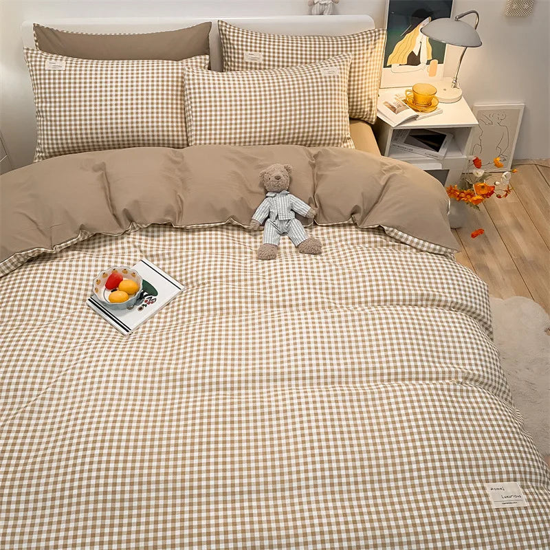 3/4Pcs Microfiber Duvet Cover Set – Brushed Washed Cotton Fabric, Double, Queen, King, Plaid Quilt Cover, Fitted Sheet Bedding Set 