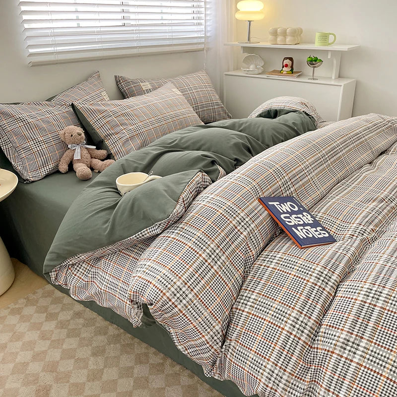 Nordic Plaid Pattern Wash Cotton Bedding Set - Duvet Cover, Pillowcase, Bed Sheet Set, Comforter Cover, Queen & King Size 