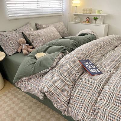 Nordic Plaid Pattern Wash Cotton Bedding Set - Duvet Cover, Pillowcase, Bed Sheet Set, Comforter Cover, Queen & King Size 