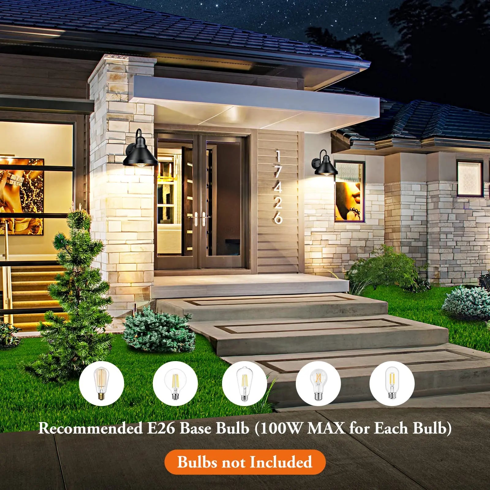 Gooseneck Outdoor Light Fixtures - 2-Pack Farmhouse Barn Lights for Porch, Industrial Black Wall Sconce, E26 Base 