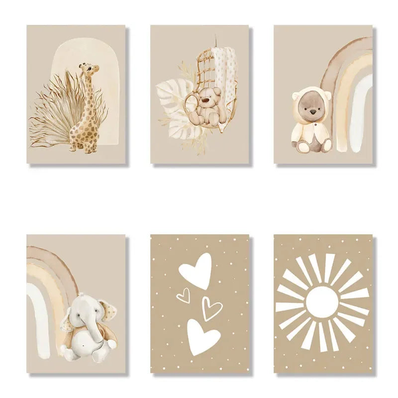 Boho Wall Posters – Bear, Giraffe, Elephant Art Painting, Rainbow Wall Art Pictures, Nursery Nordic Art Prints for Baby Kids Room Decor 