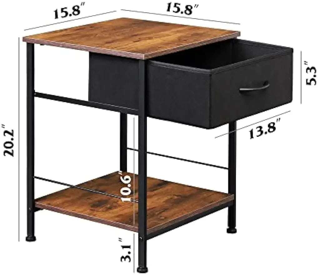 Nightstand Set of 2 - End Table with Fabric Storage Drawer and Open Wood Shelf, Steel Frame Bedside Furniture