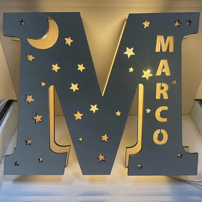 Customized Wall Decor LED Night Light – 24 Letters with Name, Stars and Moon Design, Wooden Sign Lamp, Bedroom Decor, Baby Christmas Kids Gifts 
