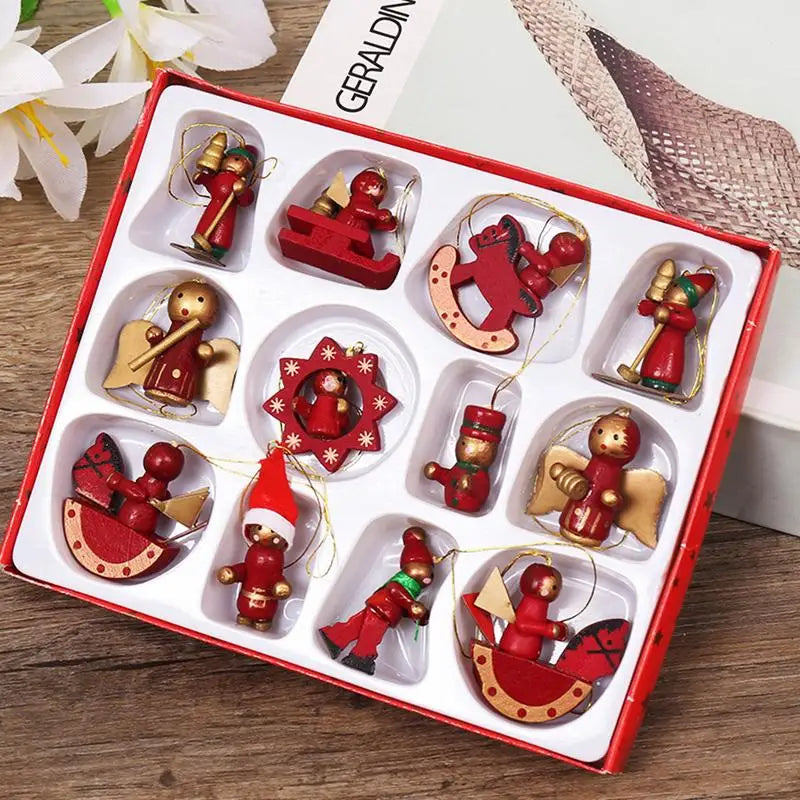 12pcs /set Christmas Wooden Miniature Ornaments Christmas Tree Hanging Pendants New Year Gift Toy For Kid Home Party Decor