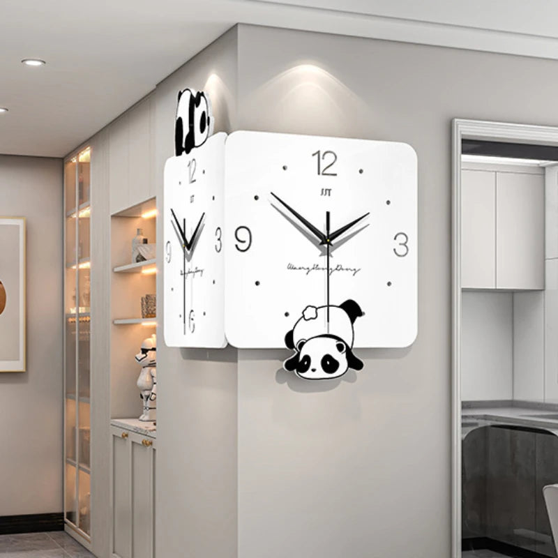 Living Room Panda Design Double-Sided Wall Clock - Creative Advanced Sense Corner Lamp Clock for Home Decoration