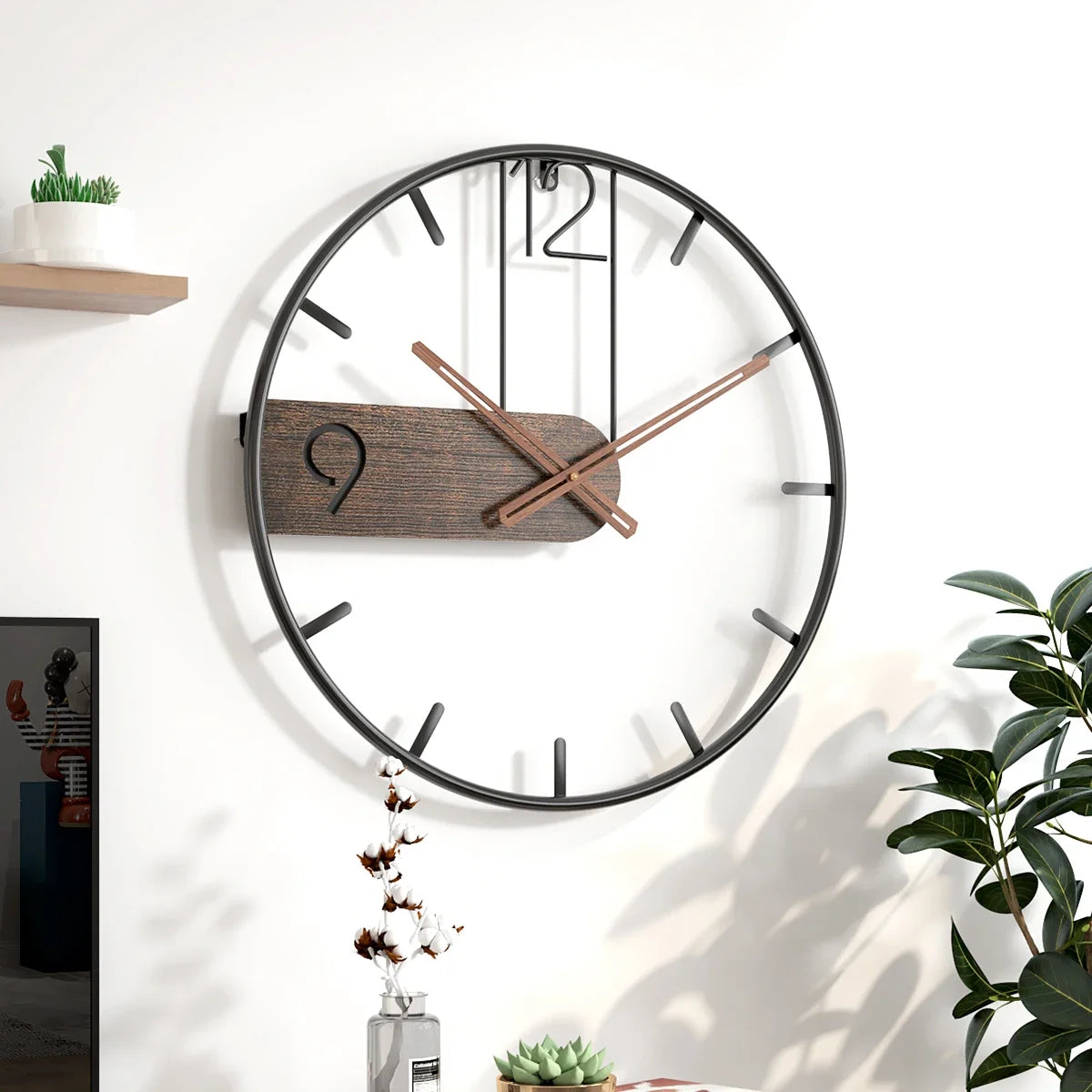 Iron Wall Clock - 3D Nordic Metal Round, Large Size Walnut Pointer Modern Wall Watch for Living Room Decor 
