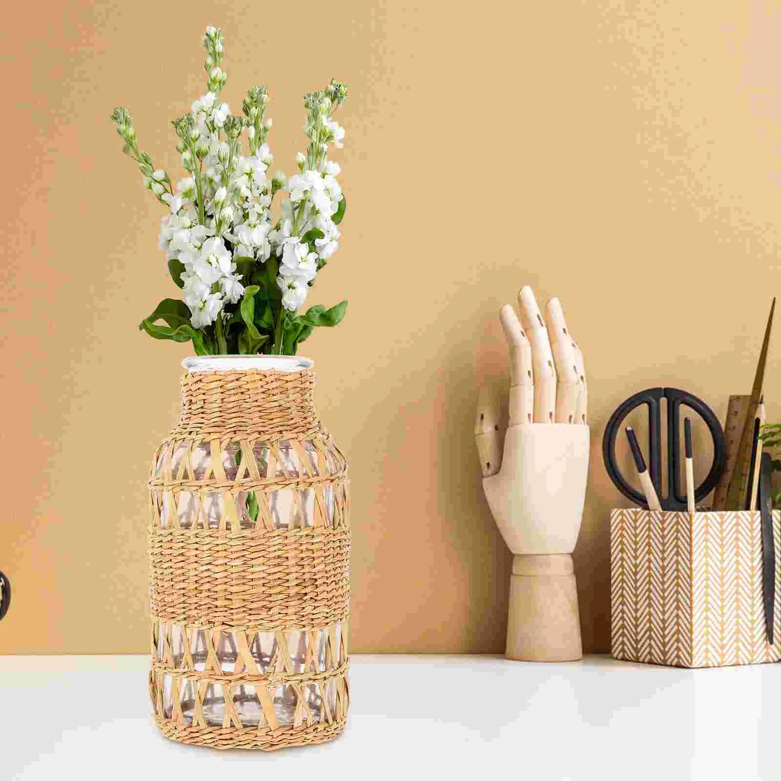 Rattan Glass Vase Boho Decor Desktop Woven Bohemia Plants Container For Countryside Style Flower Vase Table Vase Ornament 