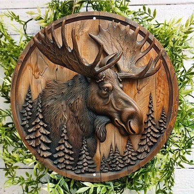Moose and Pine Trees Circular Wood Carving Wall Decor - Waterproof Aluminum Metal Sign, Rustic Wreath for Indoor & Outdoor Use 