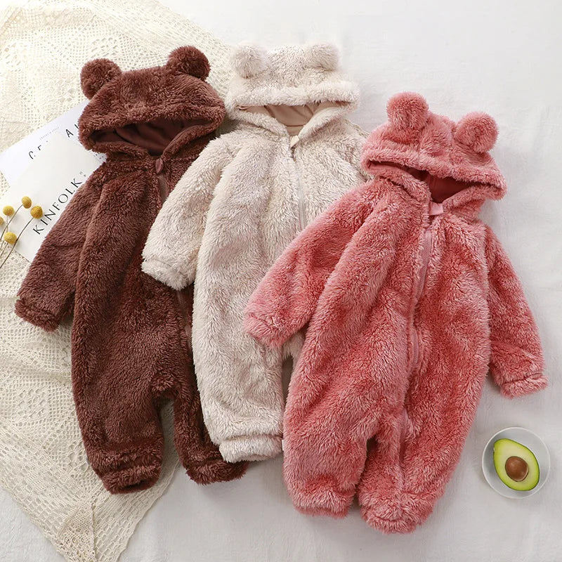 Thick Warm Baby Jumpsuit – Hooded Coral Fleece Bear Shape Infant Pajamas for Winter Newborns